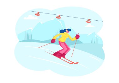 Kış Sporları Aktivite ve Boş Zaman. Genç Kadın Füniküler ile Mountains Resort Kayak. Girl Riding Downhills by Skis Having Wintertime Eğlence ve Boş Zaman. Karikatür Düz Vektör İllüstrasyon