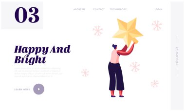 Yeni Yıl ve Noel Web Sitesi Açılış Sayfası için Hazırlık. Minik Kadın Karakter Köknar Ağacı Dekorasyon için Büyük Altın Yıldız Holding. Kış Sezonu Web Sayfası Banner. Karikatür Düz Vektör İllüstrasyon