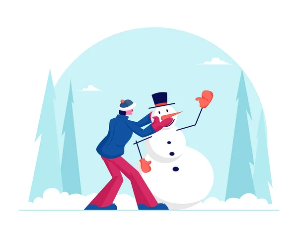 Παραδοσιακή δραστηριότητα χειμερινής ώρας. Άνθρωπος χτίσει χιονάνθρωπος στην οδό έχουν διασκέδαση ψυχαγωγική δραστηριότητα. Αρσενικό χαρακτήρας περνούν το χρόνο σε εξωτερικούς χώρους στο πάρκο ή τη φύση στον χιονισμένο καιρό. Εικονογραφία-επίπεδη απεικόνιση διανυσματικών — Διανυσματικό Αρχείο
