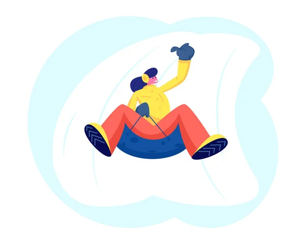 Mujer joven divirtiéndose en trineo en Tubing Hill durante el invierno. Navidad y Año Nuevo. Actividad al aire libre en invierno y tiempo libre. Niña montando tubo cuesta abajo dibujos animados plano vector ilustración — Vector de stock