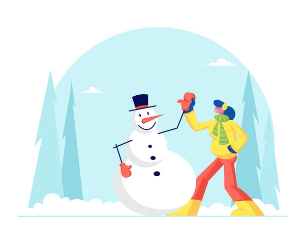 Young Woman Having Outdoors Fun Make Snowman at Winter Park. Wintertime Active Games, Amusement and Relax. New Year and Christmas Holidays Spare Time Recreation. Cartoon Flat Vector Illustration