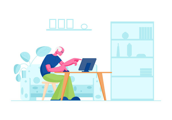 Senior Man Study to Use Computer in Home Interior. Aged Male Character Sitting at Desk with Laptop Pointing with Finger on Screen Gaining Education of New Technologies Cartoon Flat Vector Illustration