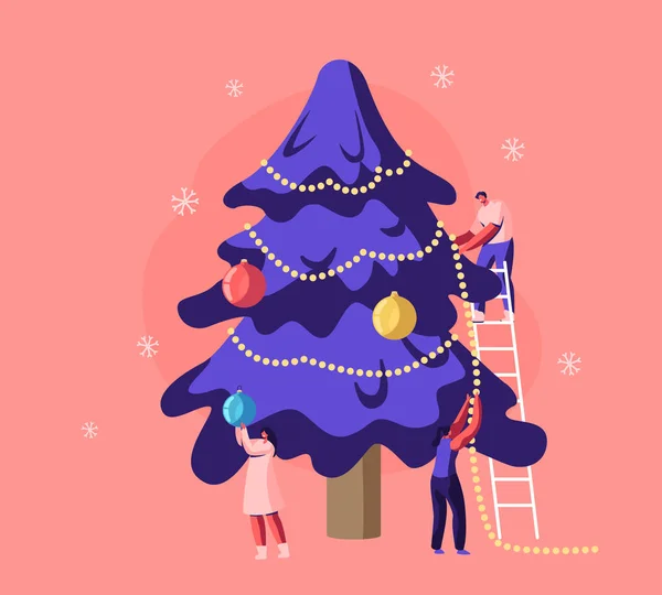 Happy Family or Friends Company Dekorasi Pohon Natal dengan Garlands and Balls Berdiri di Tangga. Preparasi perayaan untuk Tahun Baru atau Liburan Xmas Perayaan Kartun Ilustrasi Vektor Datar - Stok Vektor