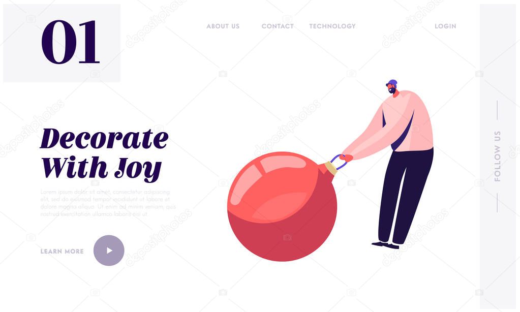 New Year and Christmas Celebration Website Landing Page. Happy Man Pull Huge Decorative Balls for Fir-Tree Decoration. Winter Holidays Preparation Web Page Banner. Cartoon Flat Vector Illustration