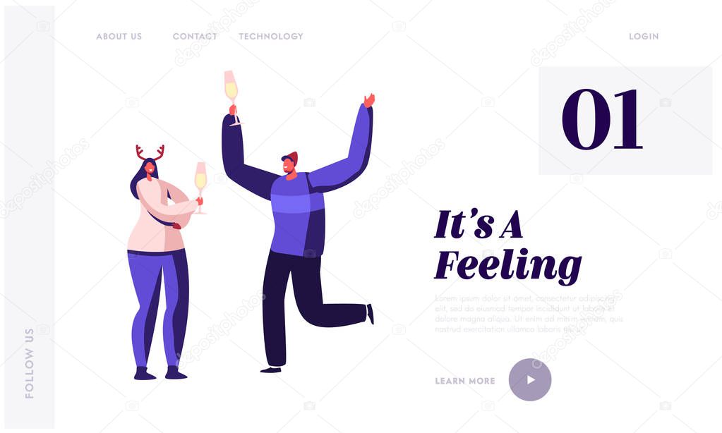 Xmas New Year Holidays Website Landing Page. Happy People in Santa and Deer Horn Hats Holding Glasses Drinking Champagne on Christmas Party Celebration Web Page Banner Cartoon Flat Vector Illustration
