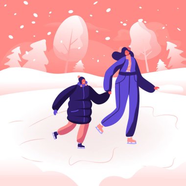 Mutlu Anne ve Küçük Kızı Hold Hands To Park'ta Birlikte Vakit Geçirerek Açık Hava Pateni Aktivitesi Nde Eğleniyoruz. Kış Aylarında Açık Hava Pisti'nde Paten İnsanlar. Karikatür Düz Vektör İllüstrasyon