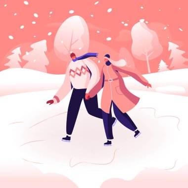 Sıcak Giysiler Içinde Happy Loving Çift Kış Parkı'nda Dondurulmuş Gölet açık havada Paten Tutan. Wintertime Tatil ve Eğlence. Noel Tatili Boş Zamanlarında. Karikatür Düz Vektör İllüstrasyon