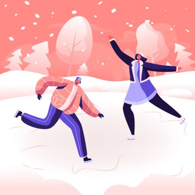 Noel tatili boş zaman eğlence. Happy İnsanlar Winter Park'ta Boş Boş Hava Etkinlikleri Gerçekleştiren. Erkek ve Kadın Karakterler Frozen Pond Üzerinde Artistik Patinaj. Karikatür Düz Vektör İllüstrasyon