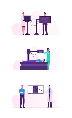 MR veya Xray Tarama Prosedürü. Doktor Monitör Ekranında Hasta Taraması Sonuçlarına Bakıyor. Hastanede Radyograf Nükleer Teşhis Makinesinde Yatan Adam. Karikatür Düz Vektör İllüstrasyon