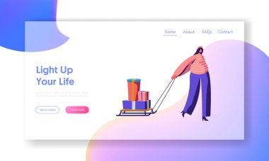 Giftboxes Web Sitesi Açılış Sayfası ile Kadın Pull Kızak. Kış Tatilleri Alışveriş ve Noel ve Yeni Yıl için Hazırlık. Mutlu İnsanlar Hediyeler Web Sayfası Banner Satın Alma. Karikatür Düz Vektör İllüstrasyon