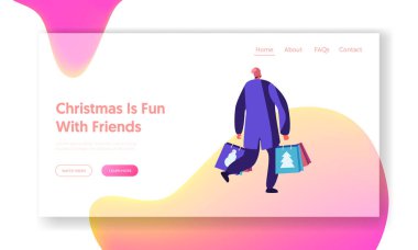 Noel ve Yeni Yıl Alışveriş Web Sitesi Açılış Sayfası. Web Sayfası Banner. Kış Tatiline Hazırlık. Kağıt Torbalarla Yürüyen Sıcak Giysili Mutlu Erkek Karakter Karikatür Düz Vektör İllüstrasyon