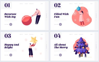 İnsanlar Kış Tatilleri ve Xmas Kutlama Web Sitesi Açılış Sayfası Seti için hazırlayın. Noel ve Yeni Yıl Web Sayfası Afiş Karikatür Düz Vektör İllüstrasyon için Köknar Ağacı için Dekorasyon Tutan Karakterler
