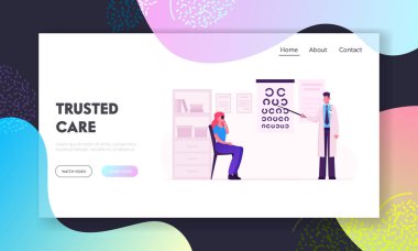 Profesyonel Gözlükçülük Sınavı Web Sitesi Açılış Sayfası. Göz Doktoru Kontrol Göz. Tedavi Vizyon Web Sayfası Banner için Pointer Checkup Göz Sight ile Oculist. Karikatür Düz Vektör İllüstrasyon