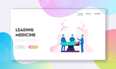 Acil Tıbbi Tedavi Web Sitesi Açılış Sayfası. Hastane veya Klinikte Hastaya Operasyon Yapan Cerrah. Hemşireler Personel Tıbbi Araçlar Web Sayfası Banner vererek yardımcı olur. Karikatür Düz Vektör İllüstrasyon