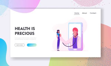 Online Sağlık Hizmeti Web Sitesi Açılış Sayfası. Doctor on Big Smartphone Screen Stetetoskop ile Hasta Kalp Atışı dinleyin. Sağlık Teknolojisi Web Sayfası Banner. Karikatür Düz Vektör İllüstrasyon