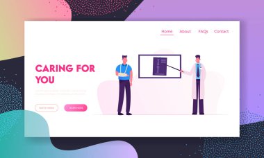 Travmatoloji Uygulayıcı Randevu Web Sitesi Açılış Sayfası. Hastane Web Sayfası Banner'da Hasta Kırık Kol Kemiklerinin Xray Görüntüsünü Gösteren Ekranda Doktor Standı. Karikatür Düz Vektör İllüstrasyon