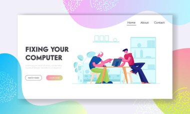 Yaşlılar Için Bilgisayar Eğitimi Web Sitesi Açılış Sayfası. Genç Oğul Tablet Kullanarak Masada Oturan Baba Öğretim. Kıdemli Kişiler Için Yeni Teknolojiler Web Sayfası Banner. Karikatür Düz Vektör İllüstrasyon