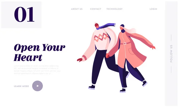 Wintertime Holidays Entertainment Website Landing Page. Happy Loving Couple in Warm Dress Holding Hands Skating Outdoors on Frozen Pond in Winter Park Page Web Banner. Illustration vectorielle plate de bande dessinée — Image vectorielle