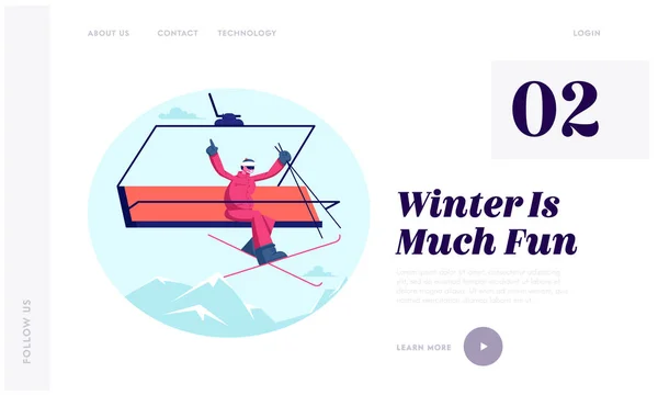 Temporada de Inverno Ski Resort Abrir Site Landing Page. Cheerful Man Skier Rising Up to Hill by Cable Way Waving Hands (em inglês). Wintertime Sports Fun and Activity Banner (em inglês). Desenhos animados ilustração vetorial plana — Vetor de Stock