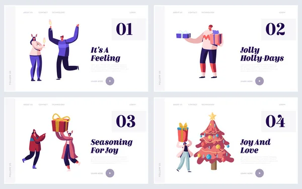 Pessoas felizes comemorando Ano Novo ou Xmas Party Site Landing Page Set. Amigos se divertindo e dançando na árvore de Natal decorada com bandeira de página da web de grinaldas. Desenhos animados ilustração vetorial plana — Vetor de Stock