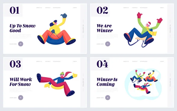 Winter Fun and Active Leisure Website Landing Page Set. Gente feliz Amigos Montar en trineo y tubería que va cuesta abajo Divirtiéndose y al aire libre Recreación Página Web Banner. Dibujos animados plana Vector Ilustración — Vector de stock