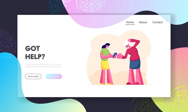 スマートフォンや携帯電話のウェブサイトのランディングページを使用するおばあちゃんの研究。ガジェットでインターネットを使う方法を祖母に伝える女性。高齢の女性は、新しい技術のWebページバナー漫画フラットベクトルイラストを学びます — ストックベクタ