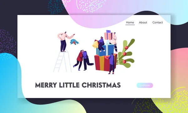 Winterfestzeit, Weihnachtsfeier Website Landing Page. Weihnachten feiern. Menschen schmücken zu Hause, bereiten Geschenke, Kuss unter Mistel Web-Seite Banner Cartoon flache Vektorillustration — Stockvektor