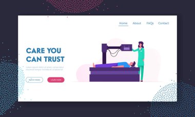 Manyetik Rezonans Görüntüleme Dijital Teknoloji Tıp Tanı Web Sitesi Açılış Sayfası. Hasta Onun Yanında Hemşire ile Mri Tcan Makine Üzerinde Yatan Web Sayfası Banner. Karikatür Düz Vektör İllüstrasyon