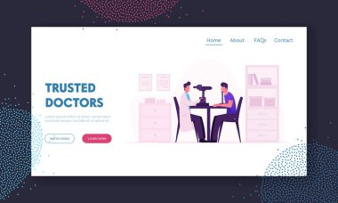 Oculist Checkup Eye Sight Web Sitesi Açılış Sayfası. Göz Doktoru Gözlük Diopter için Göz Göze Göz. Profesyonel Gözlükçü Muayene Hasta Web Sayfası Banner. Karikatür Düz Vektör İllüstrasyon