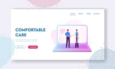 Uzak Online Tıp Danışma Web Sitesi Açılış Sayfası. Akıllı Tıp Teknolojileri. Doktorlar Hastane Web Sayfası Banner Karikatür Düz Vektör İllüstrasyon Bilgisayar aracılığıyla Hastalarla İletişim