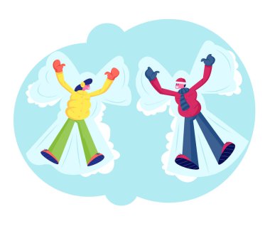 Genç Kadın ve Adam Kar Melek yapma yere Yatan Sıcak Giysiler giyiyor. Kış Saati Aktiviteleri ve Boş Zaman, Tatil Sezonu, Noel Tatili, İnsanlar Eğlenin. Karikatür Düz Vektör İllüstrasyon