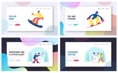 Kış Eğlencesi Web Sitesi Açılış Sayfası Seti. Mutlu Karakterler Snowboard Sürme ve Sokakta Kardan Adam yapma. Noel Tatili Etkinliği ve Spor Rekreasyon Web Sayfası Banner. Karikatür Düz Vektör İllüstrasyon