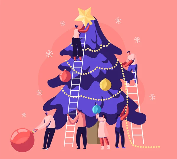 Lyckliga små människor dekorera enorma julgran tillsammans förbereda för vintersemester firande. Vänner hängande bollar och stjärna på toppen av Gran, nyår firar tecknad platt vektor illustration — Stock vektor