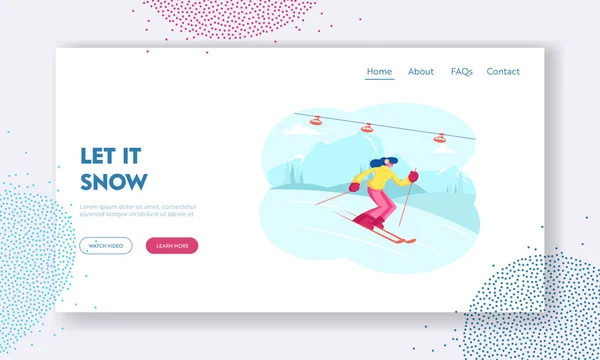 Winter Sports Activity and Spare Time Website Landing Page. Young Woman Skiing in Mountains Resort with Funicular. Girl Riding Downhills by Skis Web Page Banner. Cartoon Flat Vector Illustration