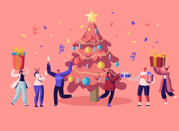 Nový rok. Šťastní lidé oslavující oslavu zábavy a tance v vyzdobeném vánočním stromku s Garlandem a Confetti, dáváním dárků na rodinné nebo firemní události kreslený plochý vektor ilustrace — Stockový vektor