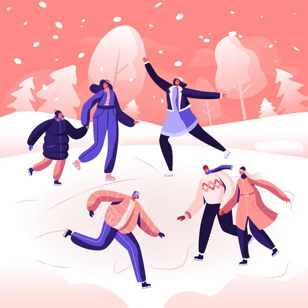 Happy People Wearing Warm Clothes Skating on Frozen Pond. Skaters on Ice Rink Engaged Winter Activities and Sports. Winter Holidays Festive Season, Family Spare Time. Cartoon Flat Vector Illustration