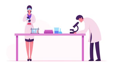 Bilim Laboratuvarı'nda Deney ve Bilimsel Araştırma Yapan Bilim Adamları, Mikroskopta Adam Bakışı, Kadın Teknisyen Holding Flask. Kimya Bilim Personeli İş Karikatür Düz Vektör İllüstrasyon