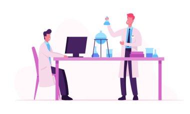 Beyaz Laboratuvar Önlük Giyen Bilim Adamları Laboratuvarda Deneyler ve Bilimsel Araştırmalar Yürütüyor. Kimya Bilim Personel Teknisyen Tutun Test Tüpü, Profesör Pc. Düz Vektör İllüstrasyon Çalışma