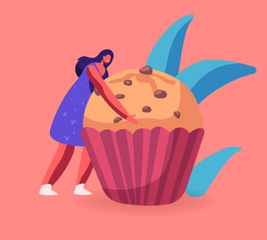 Fırın ve Tatlı Gıda Kavramı. Çikolata Sprinkles ile Büyük Cupcake Holding Tiny Woman. Pasta Muffin Treat Şekerleme Çay Partisi veya Fest Kutlama için Tatlı. Karikatür Düz Vektör İllüstrasyon