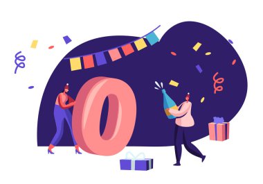 Mutlu Yeni Yıl Kutlama Konsepti için 2020 Tebrik Kartı. Tiny Woman Rolling Huge Zero Number. Şampanya Şişesi'li kız. Arkadaşlar Parti, Tebrikler Davet Karikatür Düz Vektör İllüstrasyon