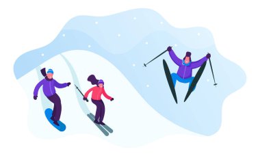 Kış Sporları Aktivite ve Boş Zaman. Genç Erkek ve Kadın Kayak ve Snowboard Mountains Resort. İnsanlar Wintertime Fun ve Leisure Time having Downhills Riding. Karikatür Düz Vektör İllüstrasyon