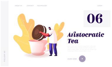 Tea Party Website Landing Page. Man Dunking Chocolate Cookie with Cream to Cup with Hot Drink. Tiny Male Character Holding Huge Bakery, Giant Dessert Web Page Banner. Cartoon Flat Vector Illustration clipart