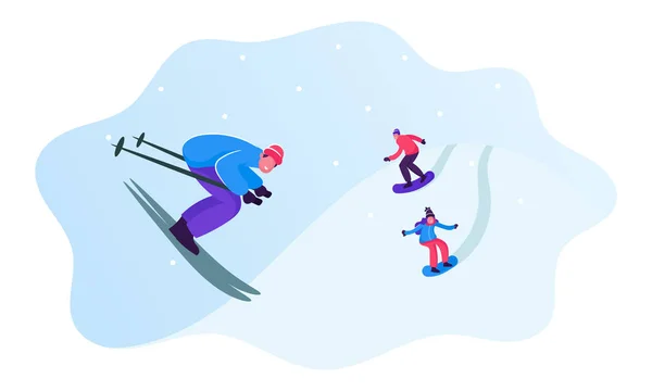 Jóvenes que usan trajes deportivos cálidos que van cuesta abajo con esquís y patinetas en Winter Time Resort. Deportes al aire libre Ocio y tiempo libre. Actividad invernal. Dibujos animados plana Vector Ilustración — Archivo Imágenes Vectoriales