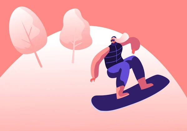 Actividad invernal y deporte de snowboard al aire libre extremo. Mujer joven en traje deportivo cálido haciendo acrobacias saltando con snowboard. Entrenamiento Deportiva o Relajante Dibujos Animados Ilustración de Vectores Planos — Vector de stock