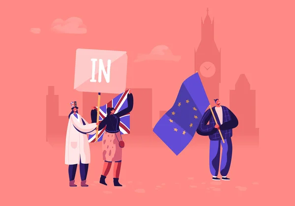 Verenigd Koninkrijk politiek concept. Menigte van mensen met vlag en banner van de Europese Unie met woord in. Brexit supporters stemmen voor UK verbleven in Europese landen Unie cartoon platte vector illustratie — Stockvector