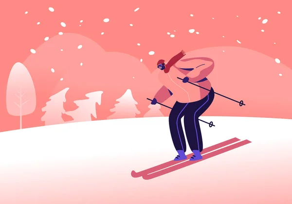 Молодий чоловік одягнений у теплий спортивний костюм та окуляри, що спускаються схилом на фоні природи з падаючим снігом та деревами. Зимові види спорту Відпочинок на відкритому повітрі Забронюйте час. Мультфільм плоский Векторні ілюстрації — стоковий вектор
