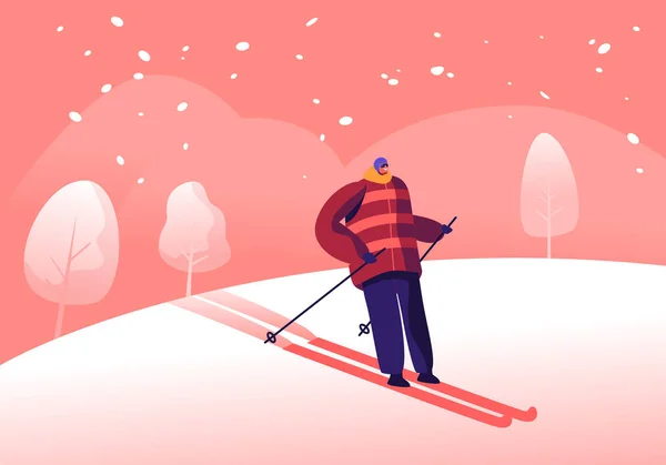 Спортсмен в теплой одежде, шлеме и солнцезащитных очках. Катание на лыжах по склонам в зимний сезон. Спортивная деятельность, Горный курорт со снегом, стиль жизни. Мультипликационный вектор — стоковый вектор