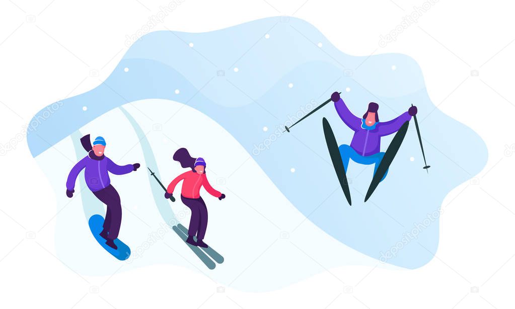 Winter Sports Activity and Spare Time. Young Men and Women Skiing and Snowboarding in Mountains Resort. People Riding Downhills Having Wintertime Fun and Leisure Time. Cartoon Flat Vector Illustration