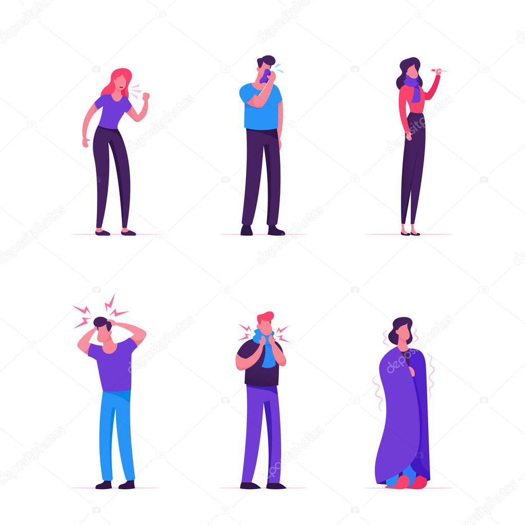 Sick Men and Women Set. People with Flue Symptoms. Illness and Health Care Concept. Diseased Characters Need Treatment of Cough and Fever, Virus Illness Diagnose. Cartoon Flat Vector Illustration