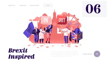 Brexit ve Brexit Karşıtı Tanıtım Sitesi Açılış Sayfası. İngiltere ve Avrupa Birliği Bayrakları Ile İnsanlar İngiltere Siyaset Kavramı Web Sayfası Banner. Karikatür Düz Vektör İllüstrasyon